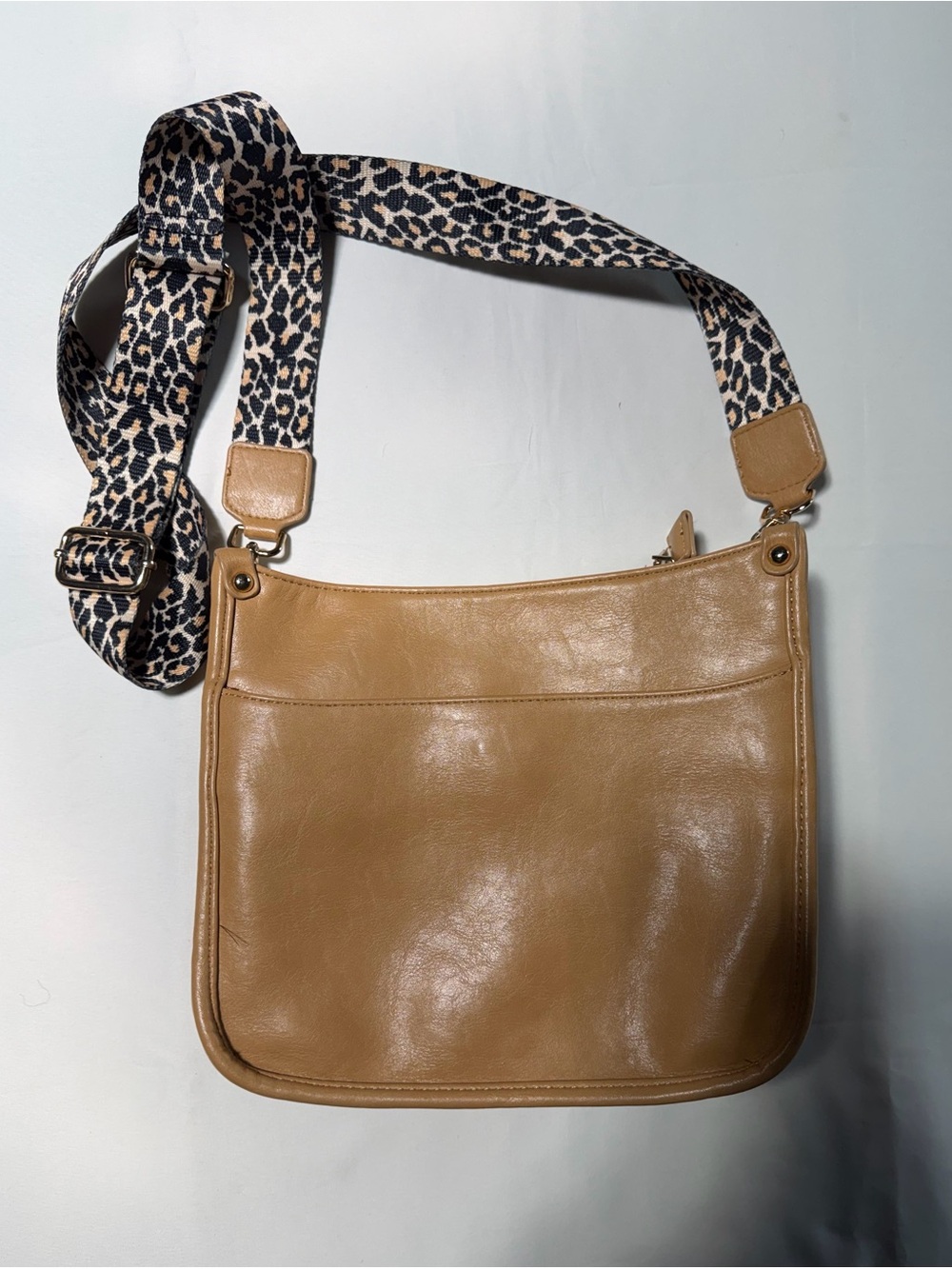 Leather Crossbody Bag with Leopard Print Strap - Tan